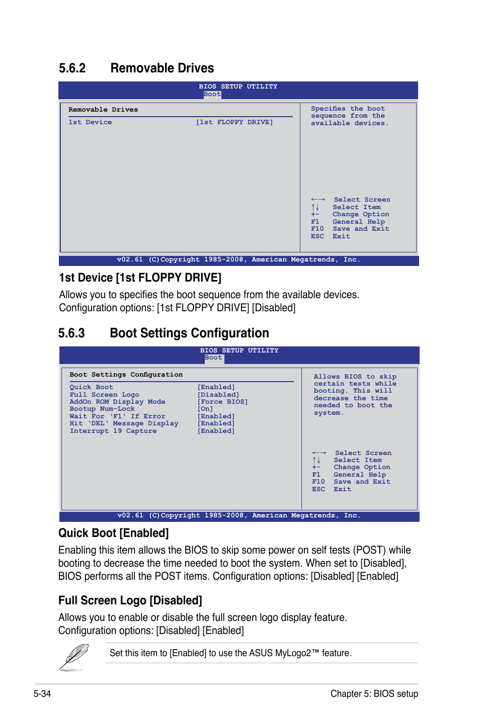 2 removable drives, 3 boot settings configuration, Removable drives -34 | Boot settings configuration -34, 1st device [1st floppy drive, Quick boot [enabled, Full screen logo [disabled | Asus TS700-E6/RS8 User Manual | Page 104 / 166