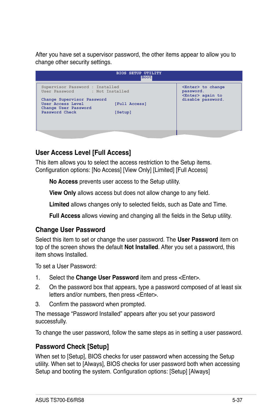 User access level [full access, Change user password, Password check [setup | Asus TS700-E6/RS8 User Manual | Page 107 / 166