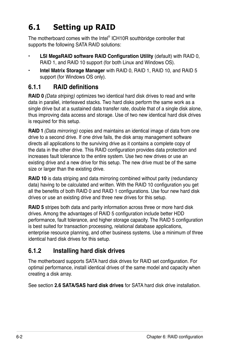 1 setting up raid, 1 raid definitions, 2 installing hard disk drives | Setting up raid -2 6.1.1, Raid definitions -2, Installing hard disk drives -2 | Asus TS700-E6/RS8 User Manual | Page 110 / 166