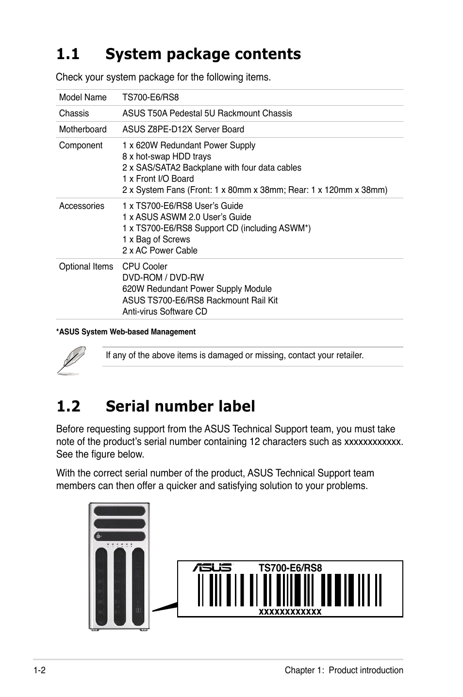 1 system package contents, 2 serial number label, System package contents -2 | Serial number label -2 | Asus TS700-E6/RS8 User Manual | Page 12 / 166