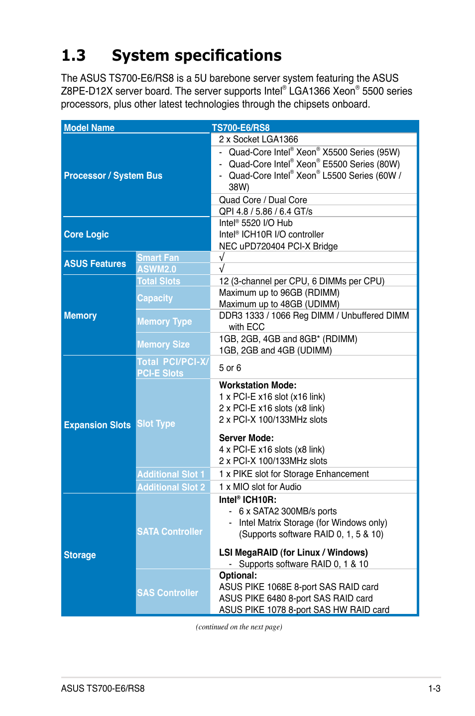 3 system specifications, System specifications -3 | Asus TS700-E6/RS8 User Manual | Page 13 / 166