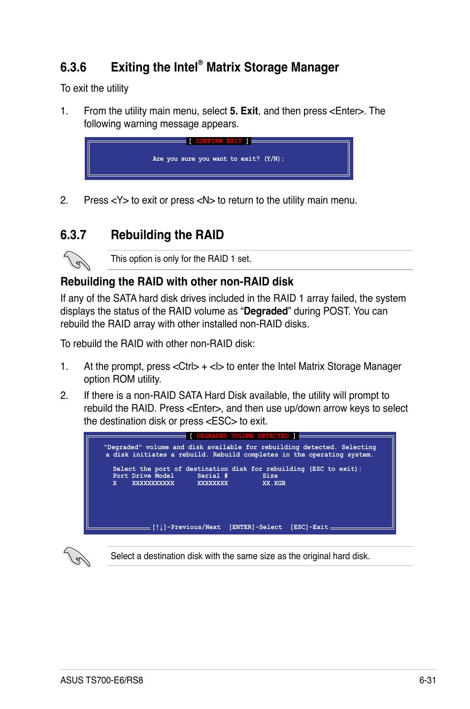 6 exiting the intel® matrix storage manager, 7 rebuilding the raid, Exiting the intel | Matrix storage manager -31, Rebuilding the raid -31, 6 exiting the intel, Matrix storage manager, Rebuilding the raid with other non-raid disk | Asus TS700-E6/RS8 User Manual | Page 139 / 166