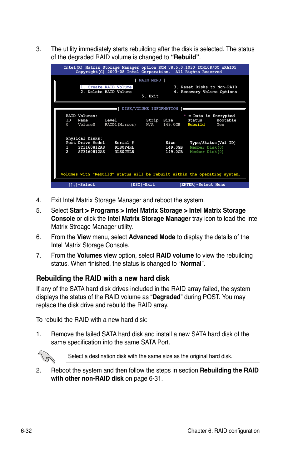 Rebuilding the raid with a new hard disk | Asus TS700-E6/RS8 User Manual | Page 140 / 166