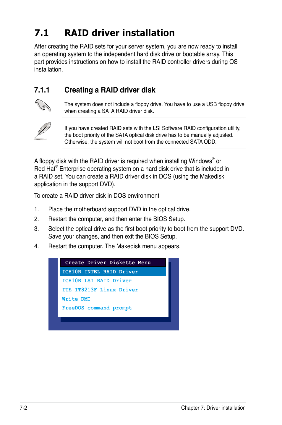 1 raid driver installation, 1 creating a raid driver disk, Raid driver installation -2 7.1.1 | Creating a raid driver disk -2 | Asus TS700-E6/RS8 User Manual | Page 144 / 166