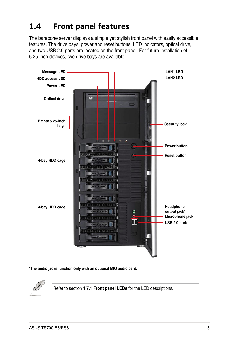 4 front panel features, Front panel features -5 | Asus TS700-E6/RS8 User Manual | Page 15 / 166