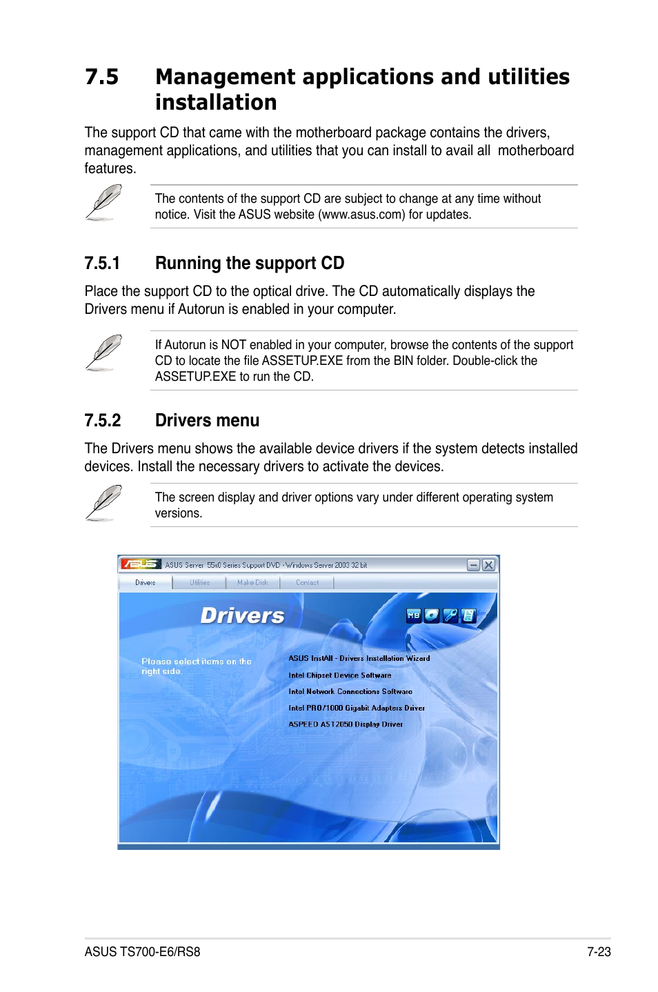 1 running the support cd, 2 drivers menu, Running the support cd -23 | Drivers menu -23 | Asus TS700-E6/RS8 User Manual | Page 165 / 166