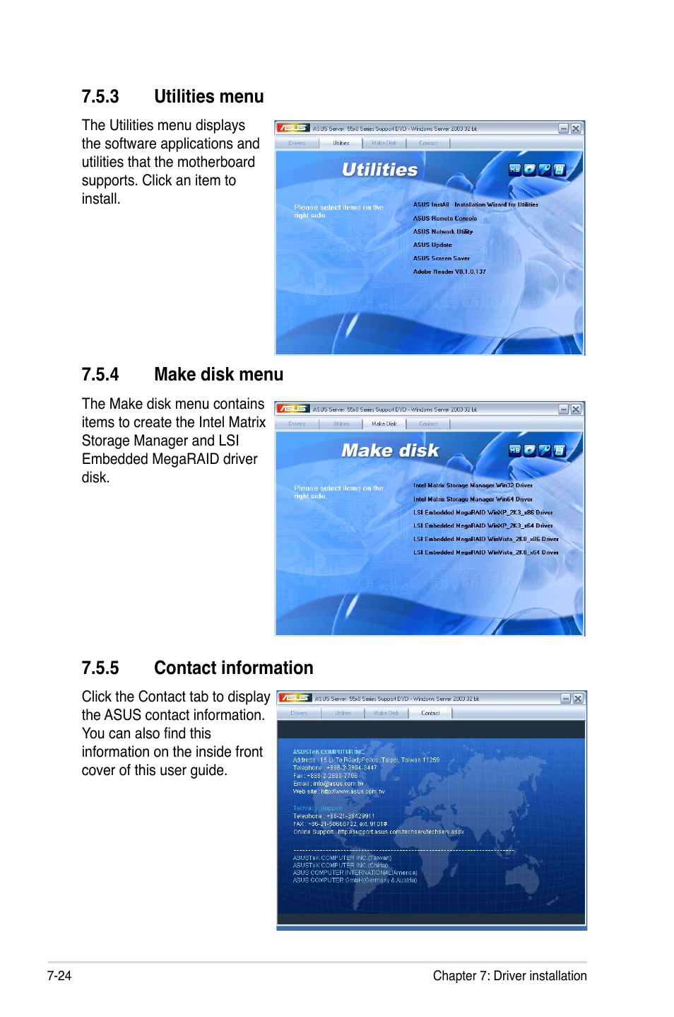 3 utilities menu, 4 make disk menu, 5 contact information | Utilities menu -24, Make disk menu -24, Contact information -24 | Asus TS700-E6/RS8 User Manual | Page 166 / 166