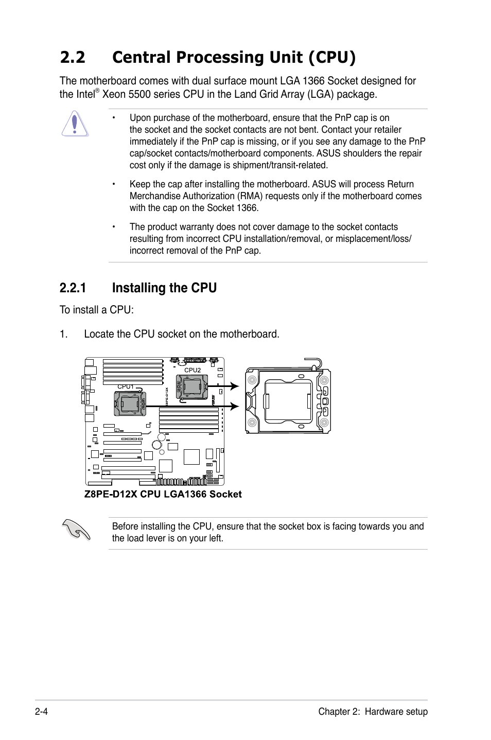 2 central processing unit (cpu), 1 installing the cpu, Central processing unit (cpu) -4 2.2.1 | Installing the cpu -4 | Asus TS700-E6/RS8 User Manual | Page 24 / 166