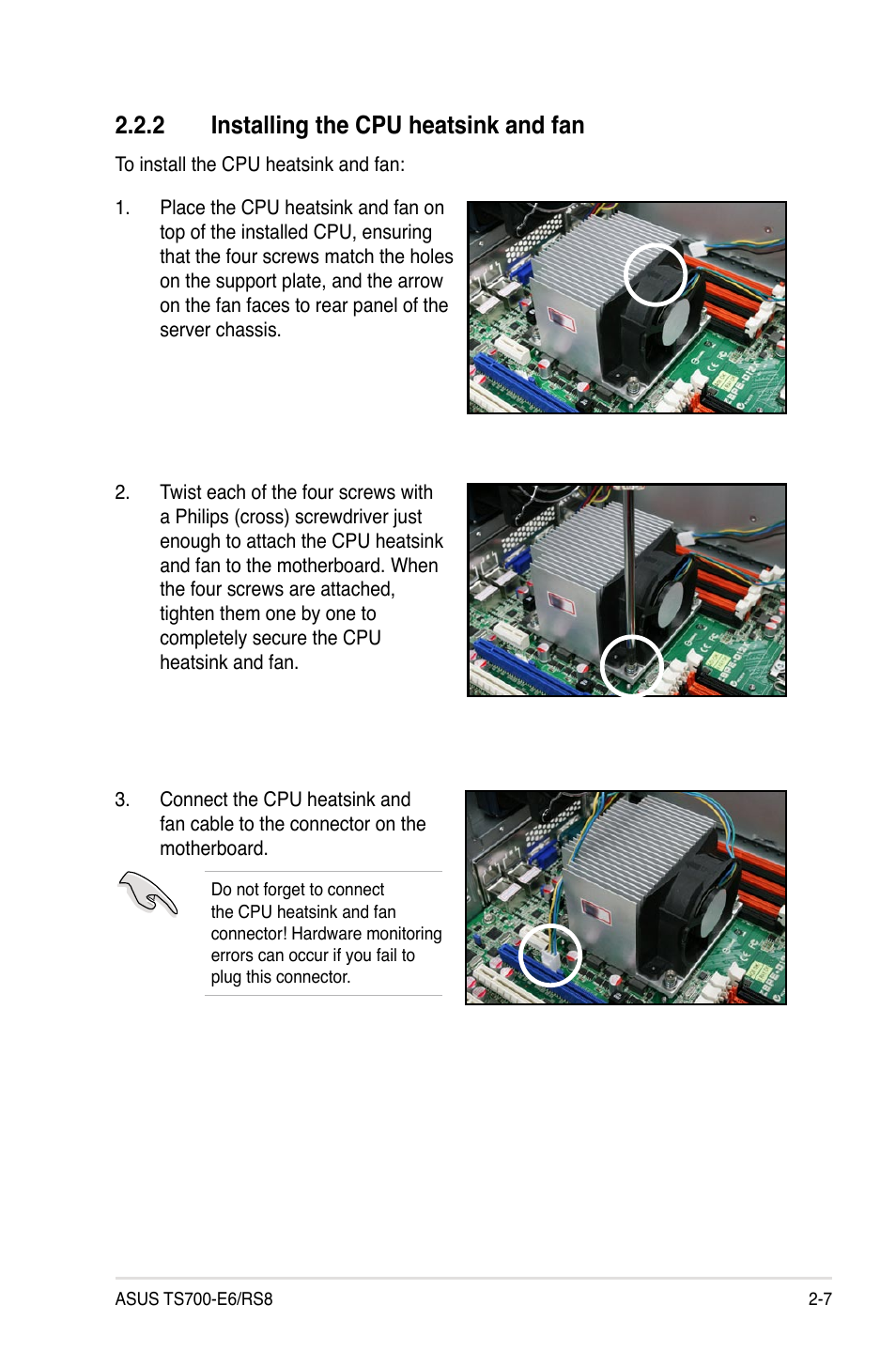 2 installing the cpu heatsink and fan, Installing the cpu heatsink and fan -7 | Asus TS700-E6/RS8 User Manual | Page 27 / 166