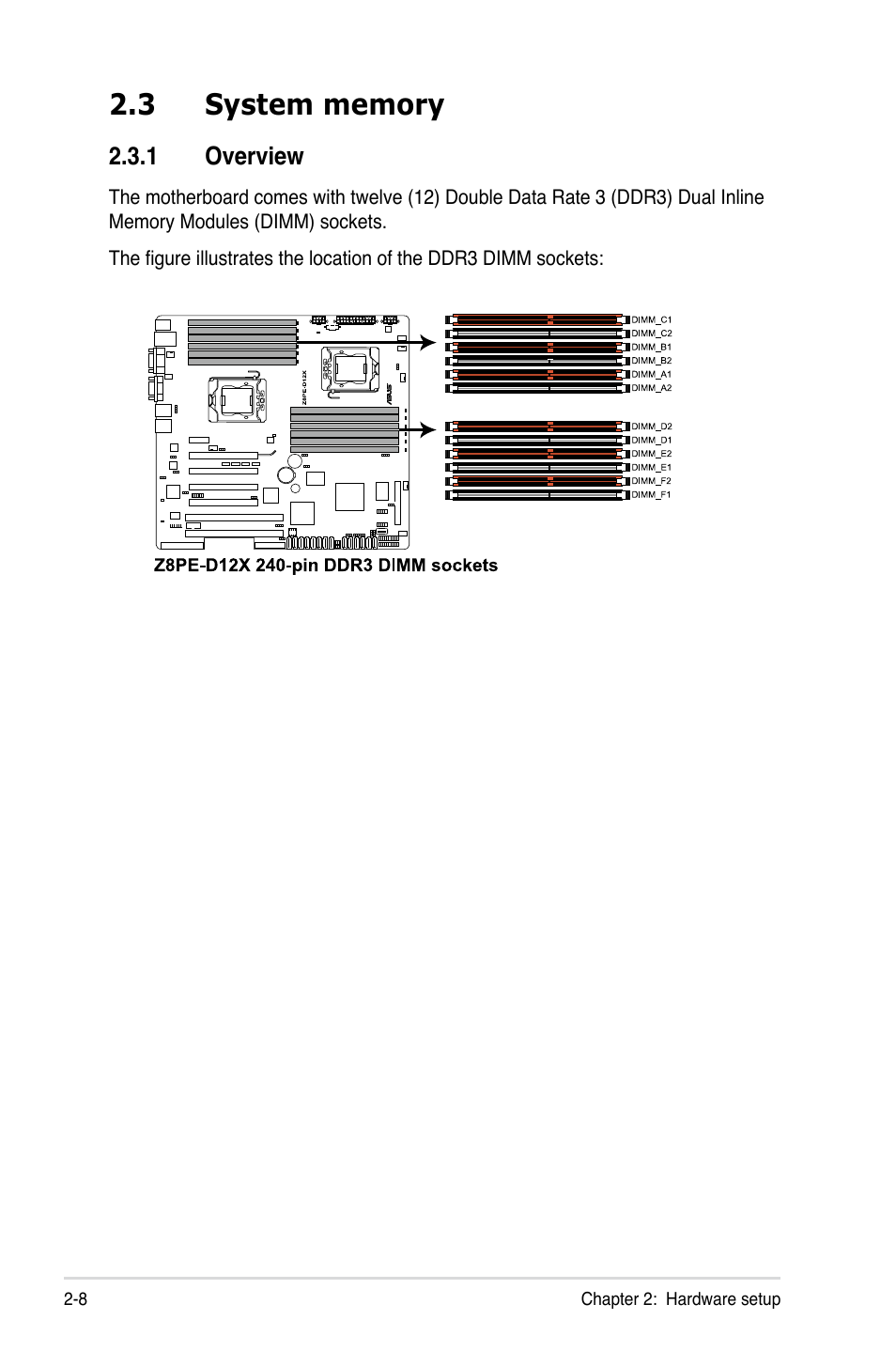 3 system memory, 1 overview, System memory -8 2.3.1 | Overview -8 | Asus TS700-E6/RS8 User Manual | Page 28 / 166