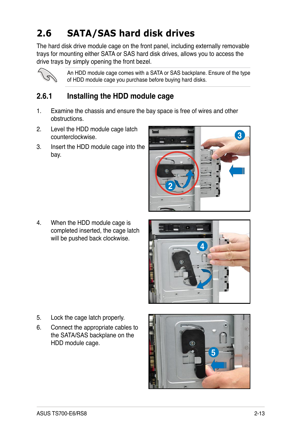 6 sata/sas hard disk drives, 1 installing the hdd module cage, Sata/sas hard disk drives -13 2.6.1 | Installing the hdd module cage -13 | Asus TS700-E6/RS8 User Manual | Page 33 / 166