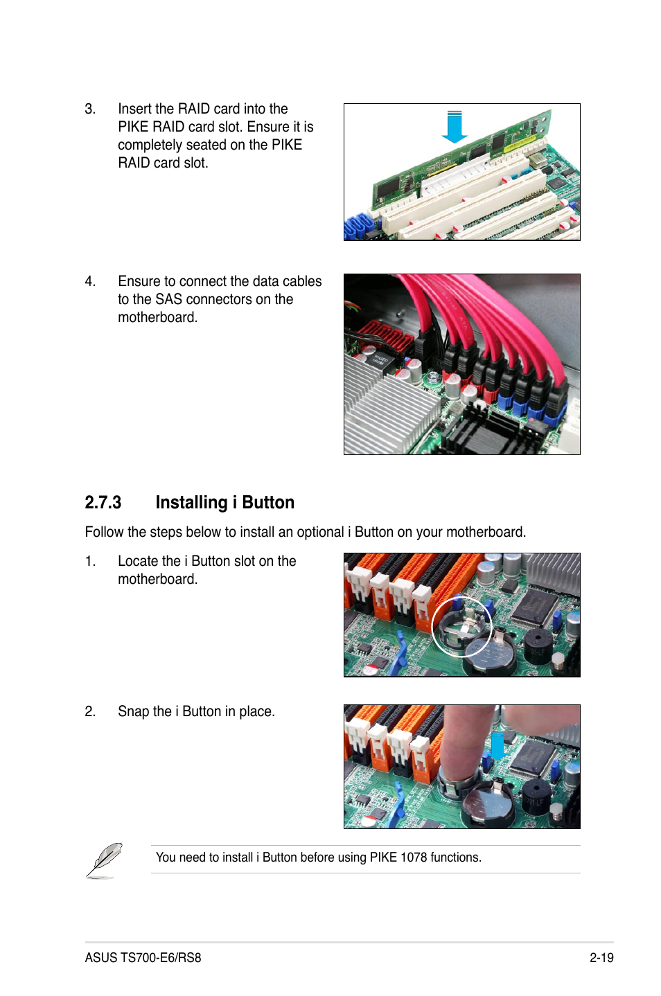 3 installing i button, Installing i button -19 | Asus TS700-E6/RS8 User Manual | Page 39 / 166