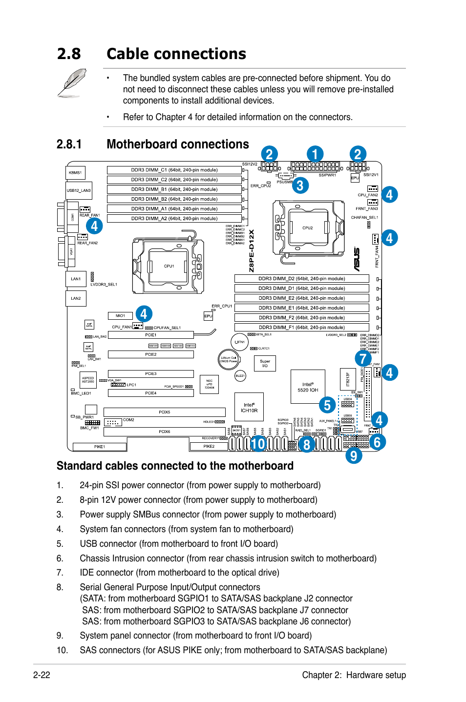 8 cable connections, 1 motherboard connections, Cable connections -22 2.8.1 | Motherboard connections -22 | Asus TS700-E6/RS8 User Manual | Page 42 / 166