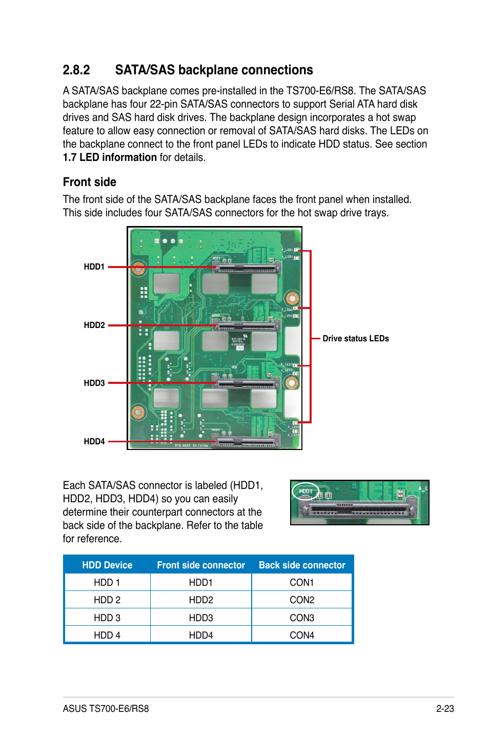 2 sata/sas backplane connections, Sata/sas backplane connections -23, Front side | Asus TS700-E6/RS8 User Manual | Page 43 / 166