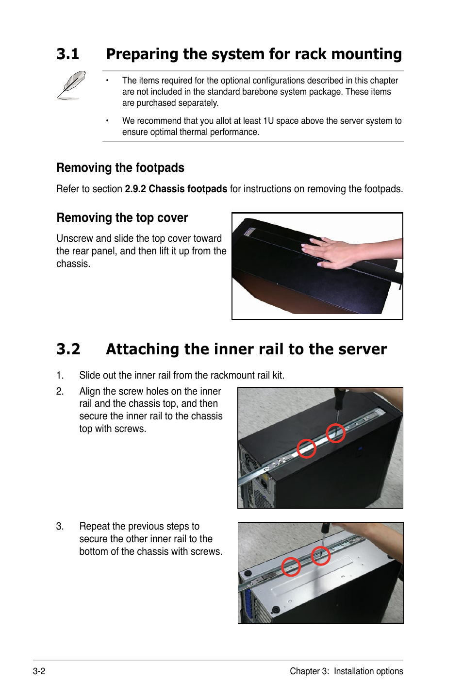 1 preparing the system for rack mounting, 2 attaching the inner rail to the server, Preparing the system for rack mounting -2 | Attaching the inner rail to the server -2, Removing the top cover, Removing the footpads | Asus TS700-E6/RS8 User Manual | Page 50 / 166