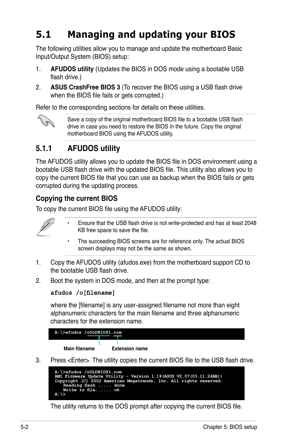 1 managing and updating your bios, 1 afudos utility, Managing and updating your bios -2 5.1.1 | Afudos utility -2, Copying the current bios | Asus TS700-E6/RS8 User Manual | Page 72 / 166