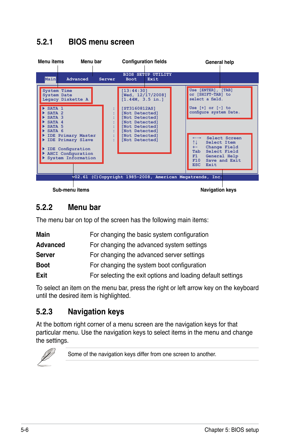 1 bios menu screen, 2 menu bar, 3 navigation keys | Bios menu screen -6, Menu bar -6, Navigation keys -6 | Asus TS700-E6/RS8 User Manual | Page 76 / 166