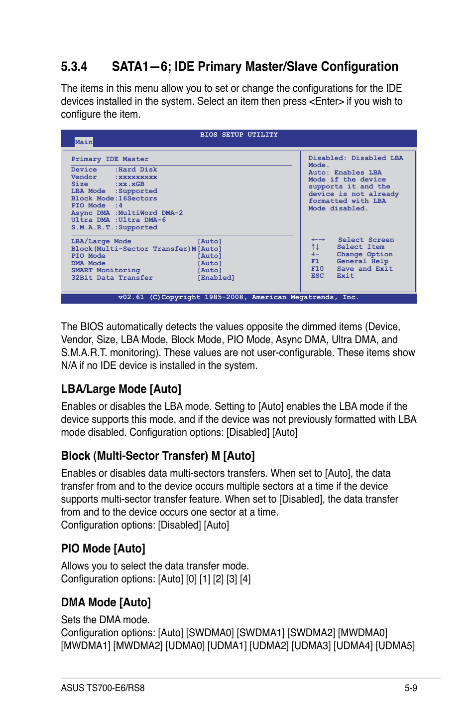 4 sata1—6; ide primary master/slave configuration, Sata1—6; ide primary master/slave configuration -9, Lba/large mode [auto | Block (multi-sector transfer) m [auto, Pio mode [auto, Dma mode [auto | Asus TS700-E6/RS8 User Manual | Page 79 / 166