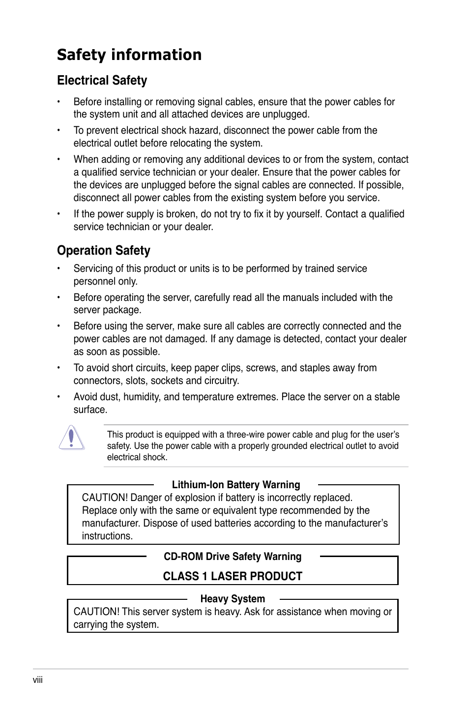 Safety information, Electrical safety, Operation safety | Asus TS700-E6/RS8 User Manual | Page 8 / 166