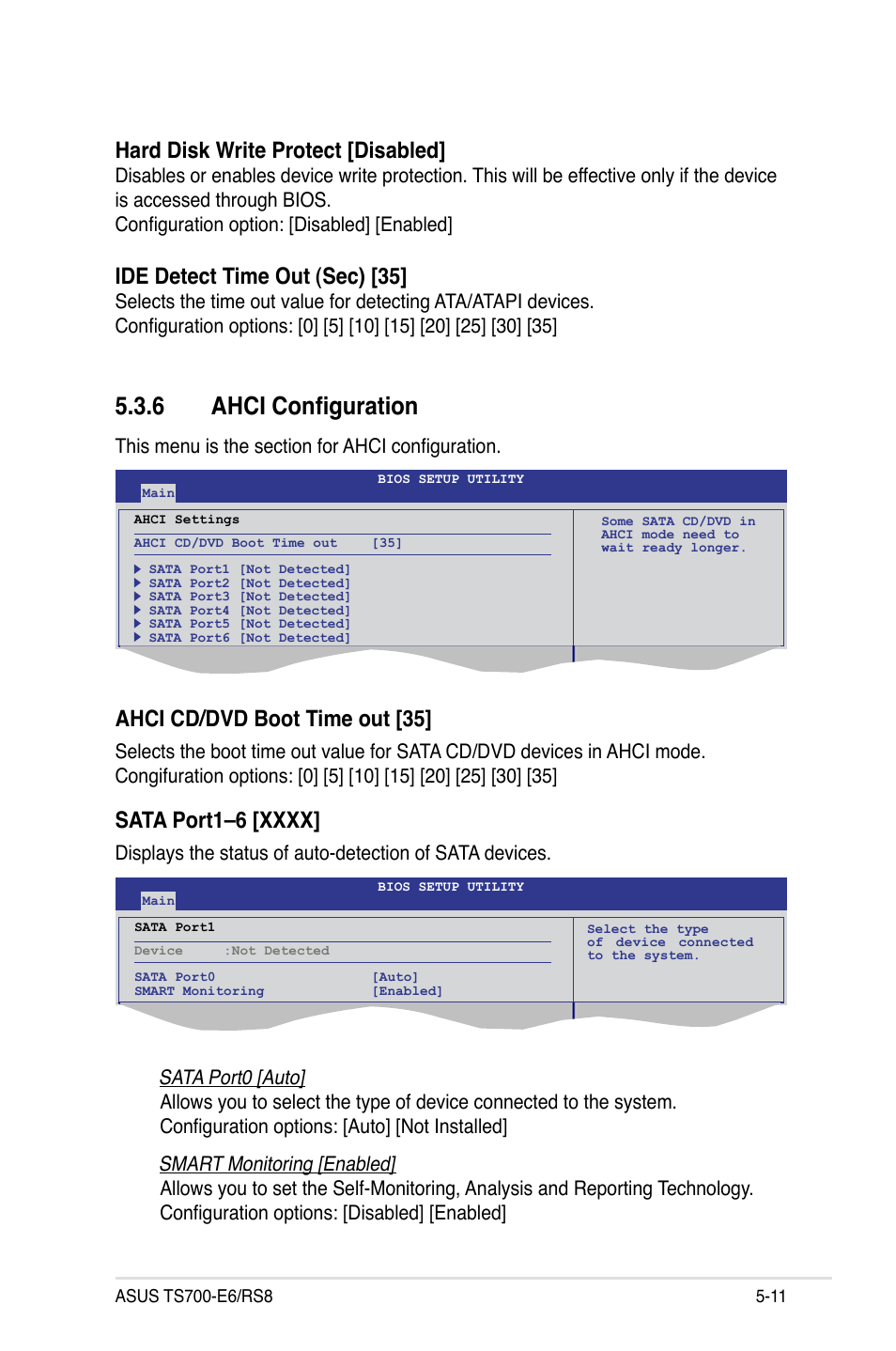 6 ahci configuration, Ahci configuration -11, Hard disk write protect [disabled | Ide detect time out (sec) [35, Ahci cd/dvd boot time out [35 | Asus TS700-E6/RS8 User Manual | Page 81 / 166