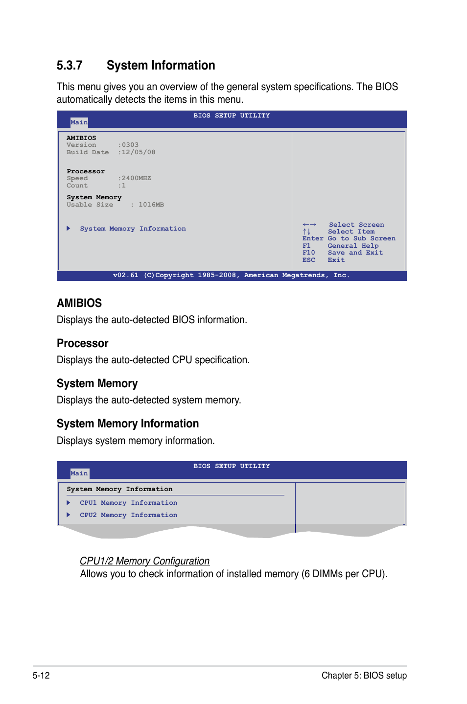 7 system information, System information -12, Amibios | Processor, Displays the auto-detected bios information, Displays the auto-detected cpu specification | Asus TS700-E6/RS8 User Manual | Page 82 / 166