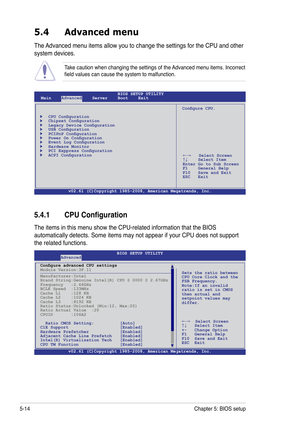 4 advanced menu, 1 cpu configuration, Advanced menu -14 5.4.1 | Cpu configuration -14, 14 chapter 5: bios setup | Asus TS700-E6/RS8 User Manual | Page 84 / 166