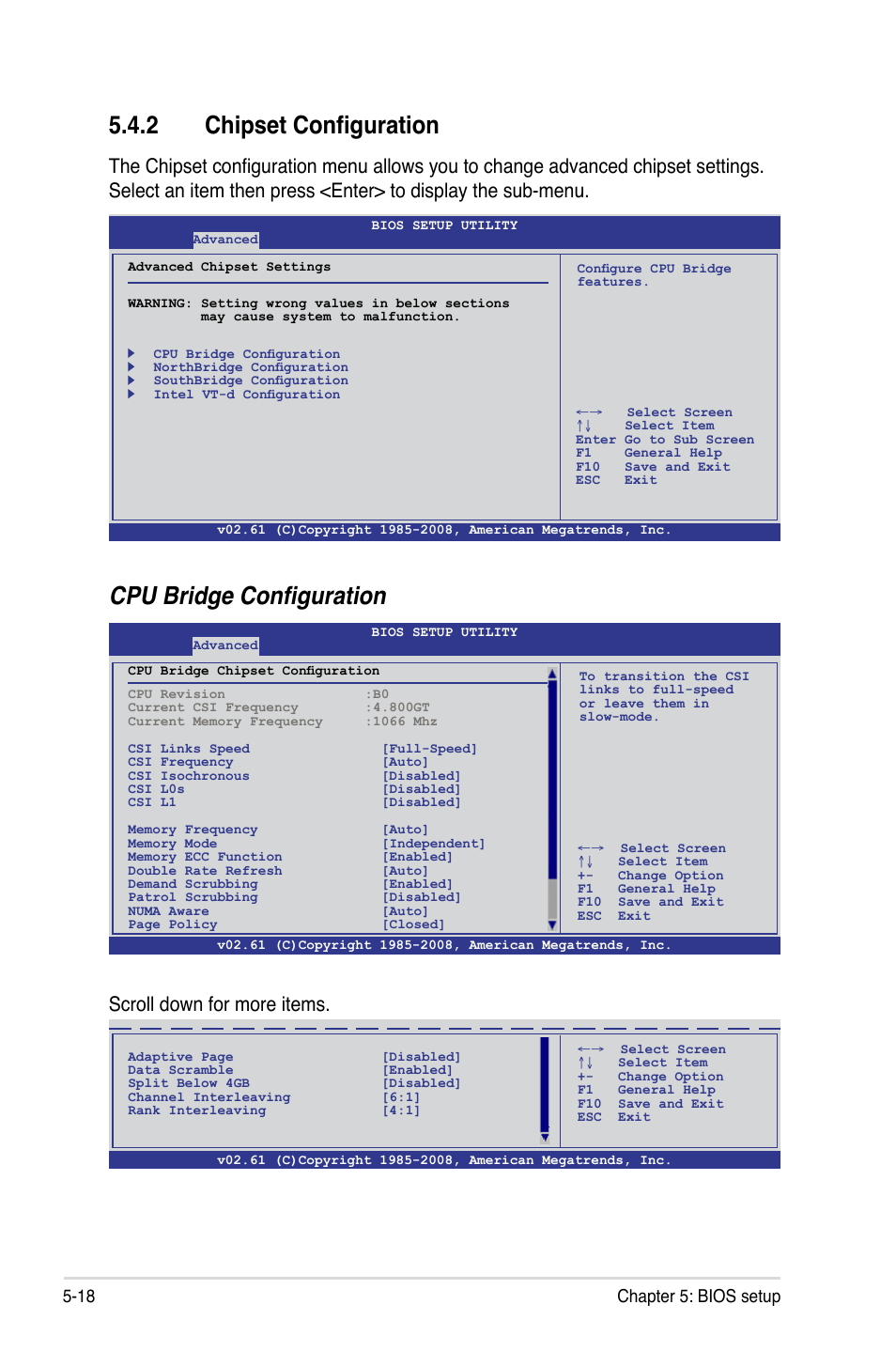 2 chipset configuration, Chipset configuration -18, Cpu bridge configuration | Scroll down for more items, 18 chapter 5: bios setup | Asus TS700-E6/RS8 User Manual | Page 88 / 166