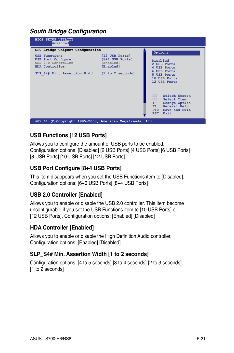 South bridge configuration, Usb functions [12 usb ports, Usb port configure [8+4 usb ports | Usb 2.0 controller [enabled, Hda controller [enabled, Slp_s4# min. assertion width [1 to 2 seconds | Asus TS700-E6/RS8 User Manual | Page 91 / 166