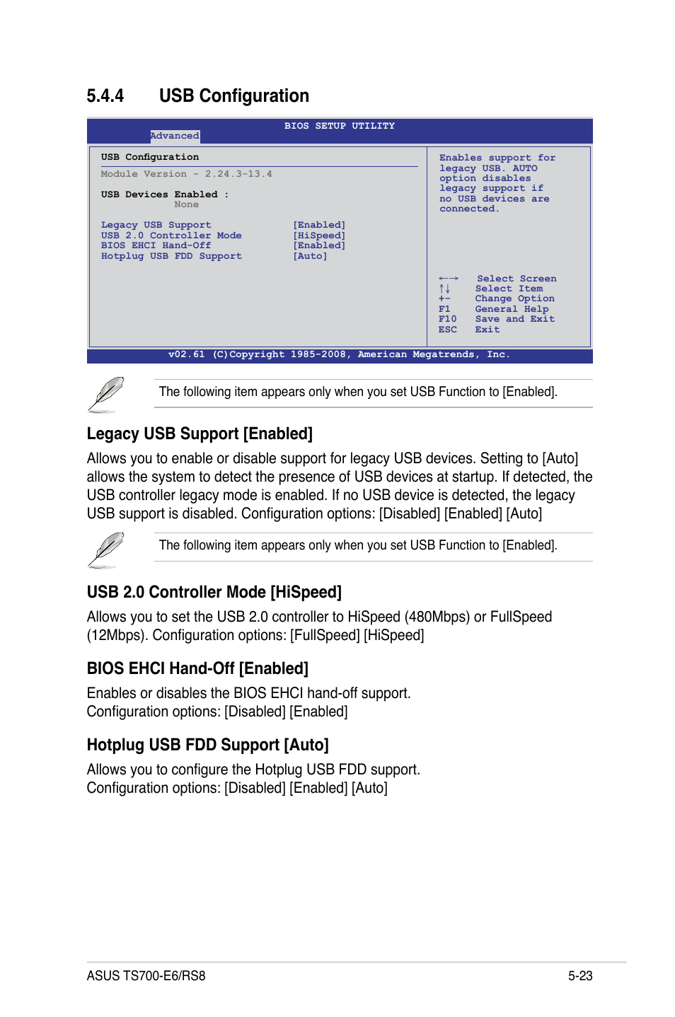 4 usb configuration, Usb configuration -23, Legacy usb support [enabled | Usb 2.0 controller mode [hispeed, Bios ehci hand-off [enabled, Hotplug usb fdd support [auto | Asus TS700-E6/RS8 User Manual | Page 93 / 166