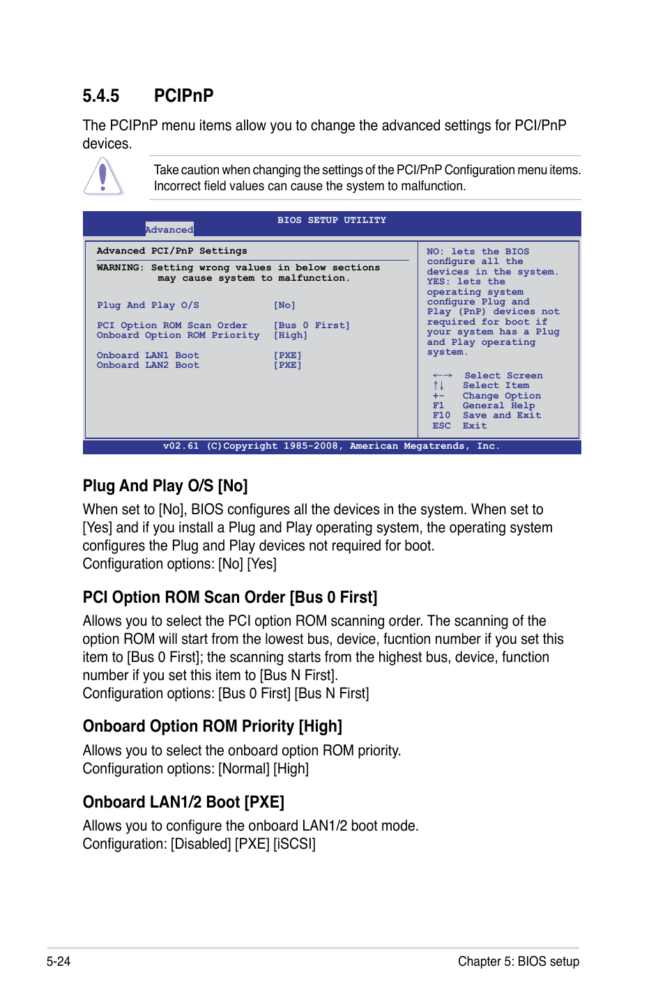 5 pcipnp, Pcipnp -24, Plug and play o/s [no | Pci option rom scan order [bus 0 first, Onboard option rom priority [high, Onboard lan1/2 boot [pxe | Asus TS700-E6/RS8 User Manual | Page 94 / 166