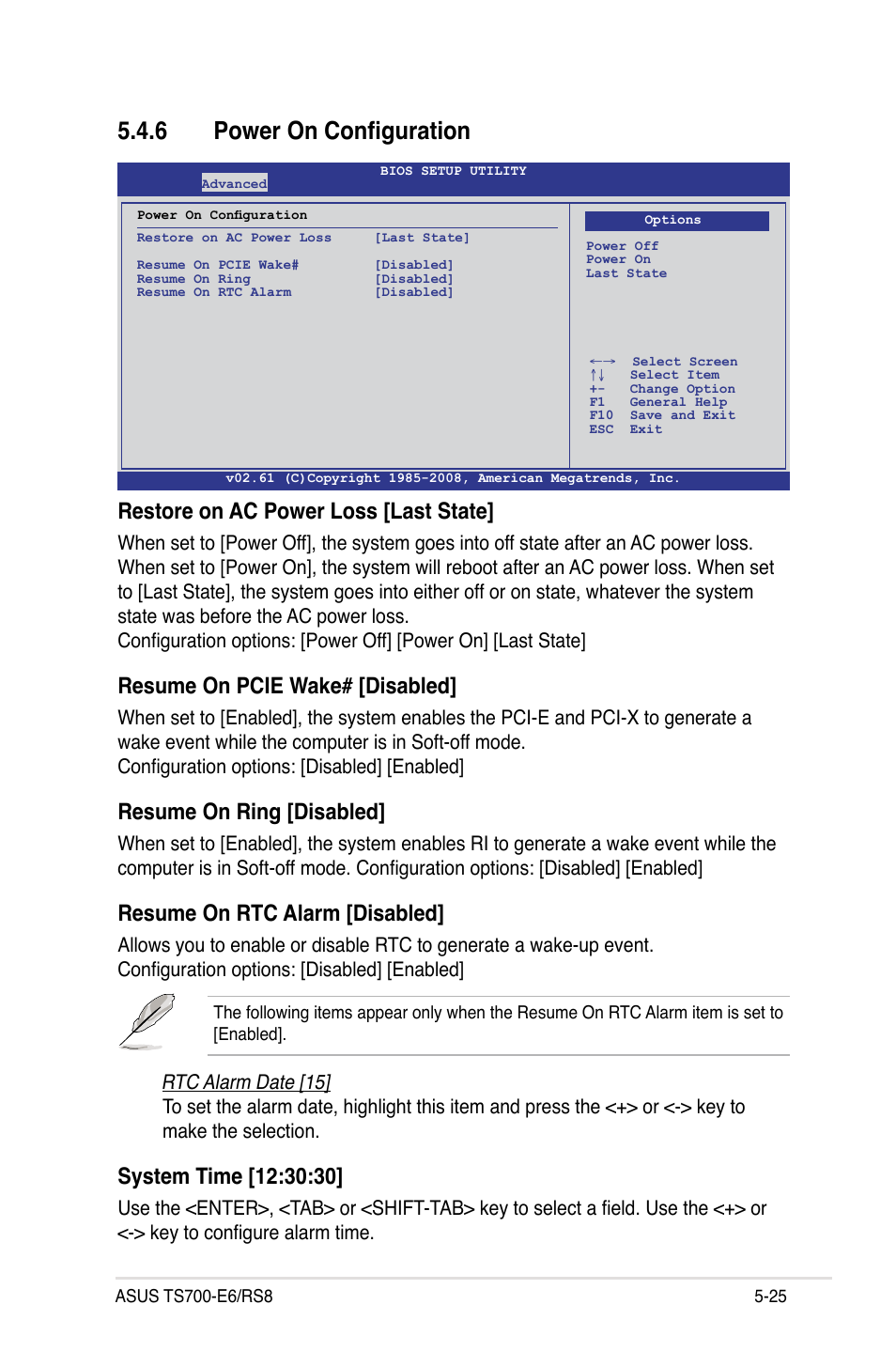 6 power on configuration, Power on configuration -25, Restore on ac power loss [last state | Resume on pcie wake# [disabled, Resume on ring [disabled, Resume on rtc alarm [disabled | Asus TS700-E6/RS8 User Manual | Page 95 / 166