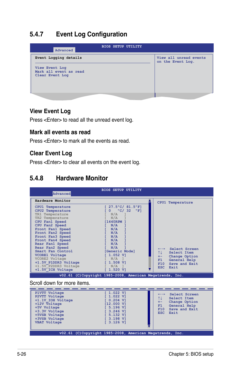 7 event log configuration, 8 hardware monitor, Event log configuration -26 | Hardware monitor -26, View event log, Mark all events as read, Clear event log, Press <enter> to read all the unread event log, Press <enter> to mark all the events as read, Press <enter> to clear all events on the event log | Asus TS700-E6/RS8 User Manual | Page 96 / 166