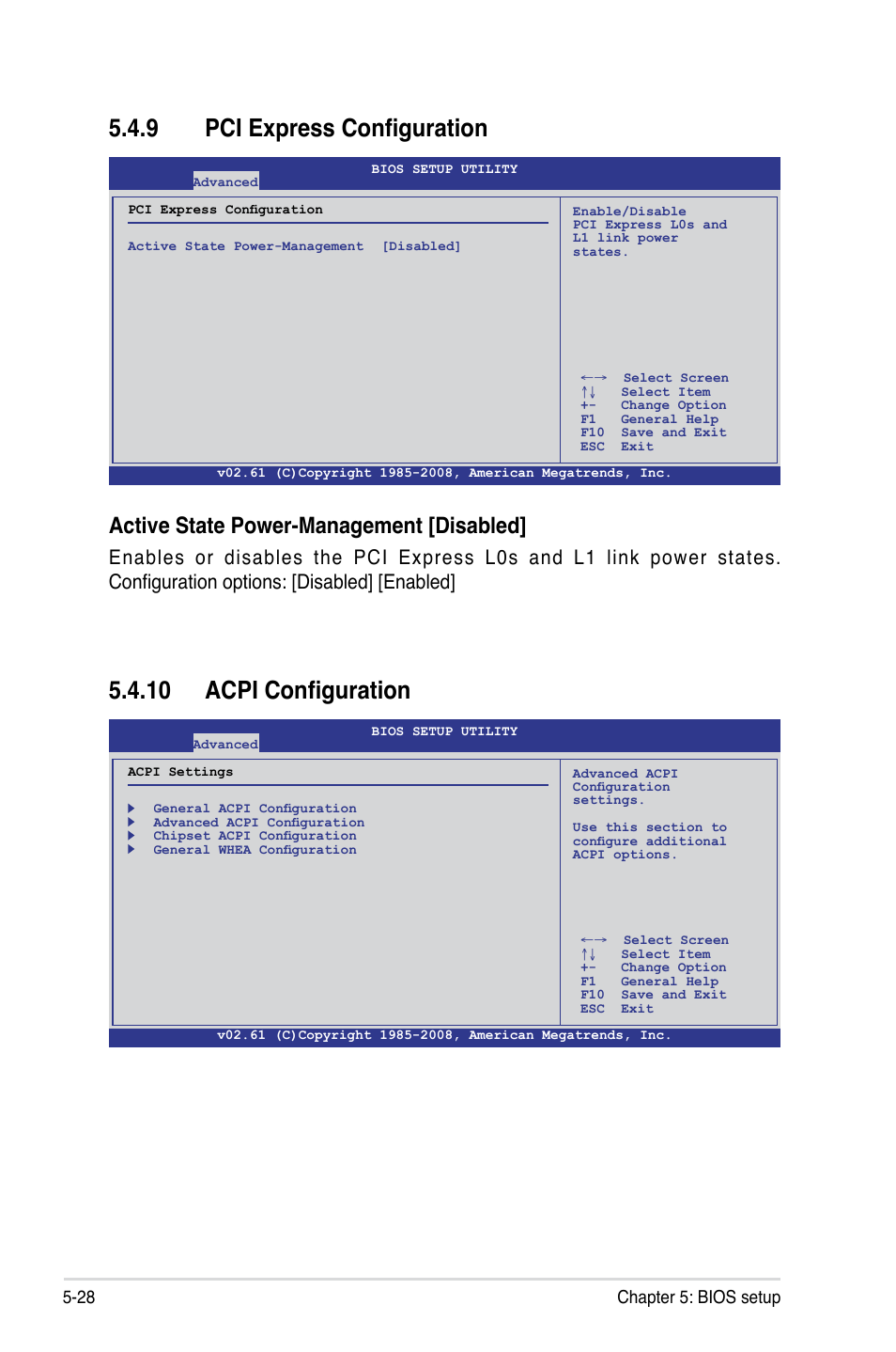 9 pci express configuration, 10 acpi configuration, Pci express configuration -28 | 10 acpi configuration -28, Active state power-management [disabled, 28 chapter 5: bios setup | Asus TS700-E6/RS8 User Manual | Page 98 / 166