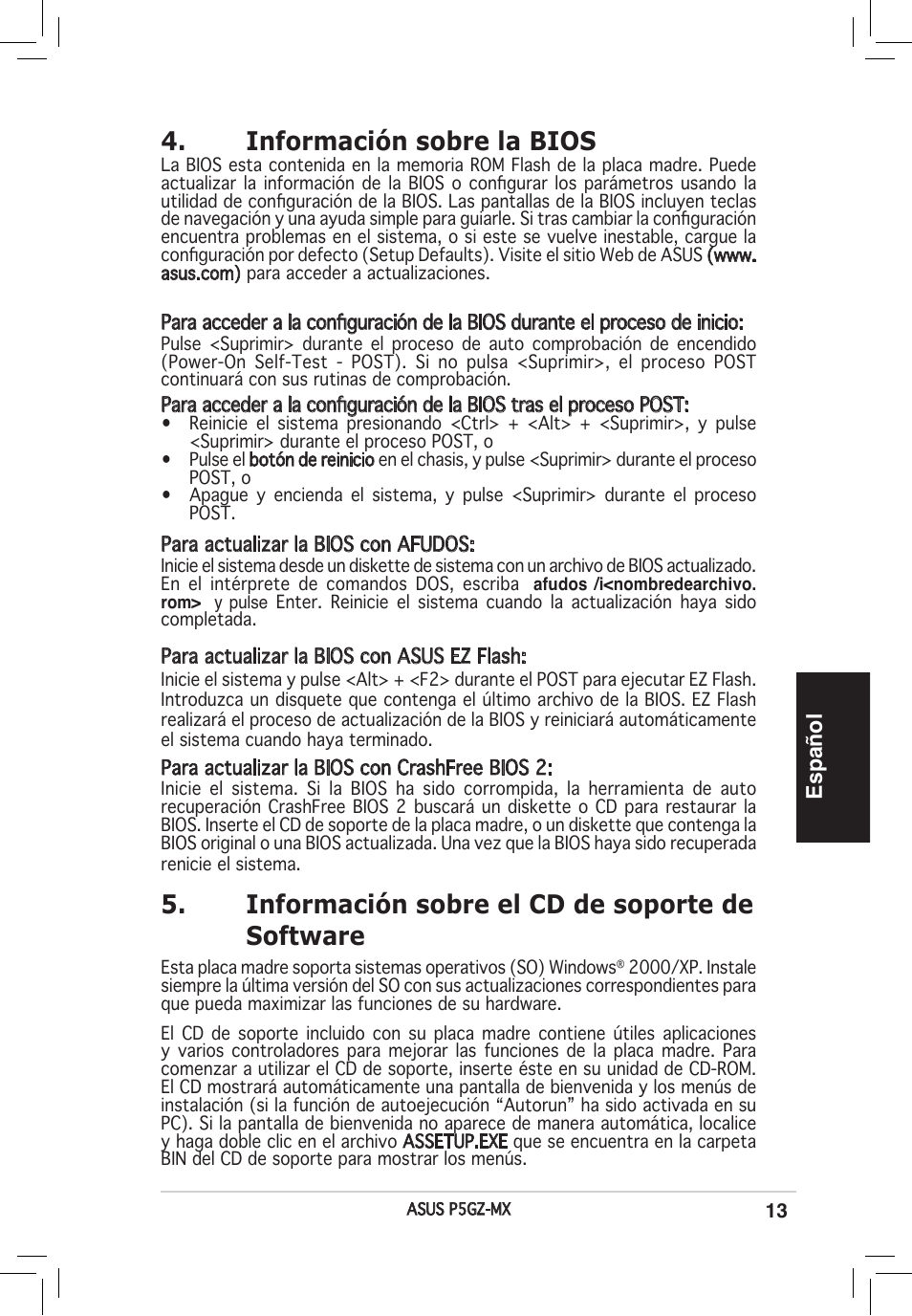 Información sobre la bios, Información sobre el cd de soporte de software, Español | Asus P5GZ-MX User Manual | Page 13 / 38