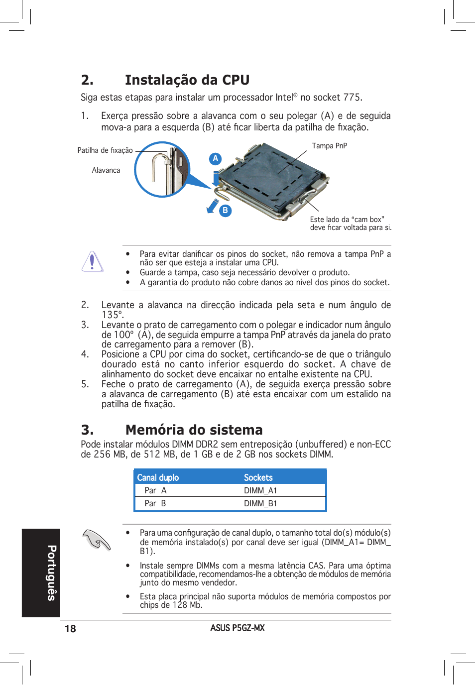 Memória do sistema, Instalação da cpu, Português | Asus P5GZ-MX User Manual | Page 18 / 38