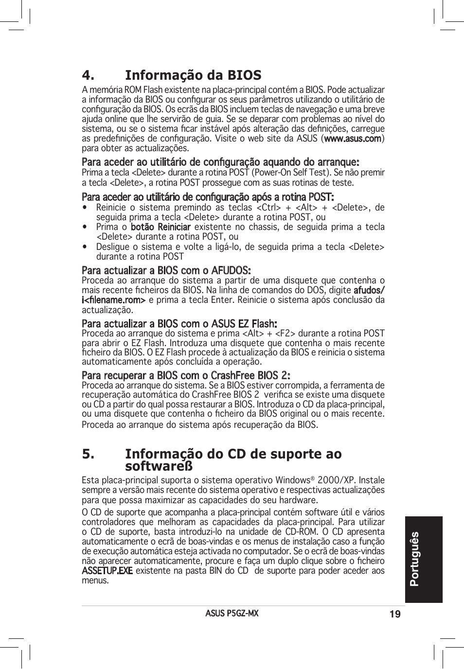 Informação da bios, Informação do cd de suporte ao softwareß, Português | Asus P5GZ-MX User Manual | Page 19 / 38