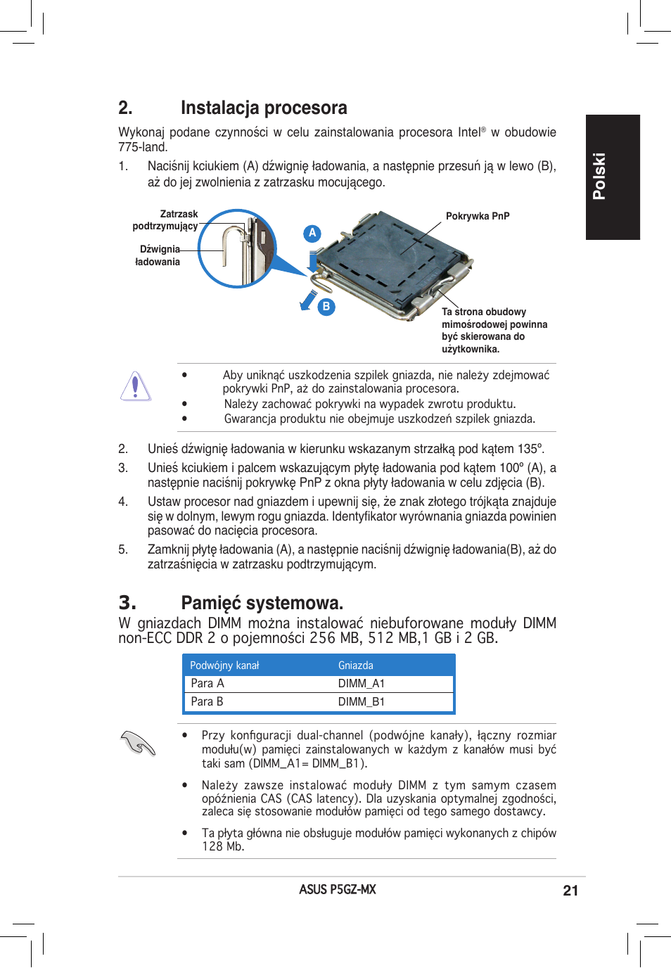 Instalacja procesora, Pamięć systemowa, Polski | Asus P5GZ-MX User Manual | Page 21 / 38