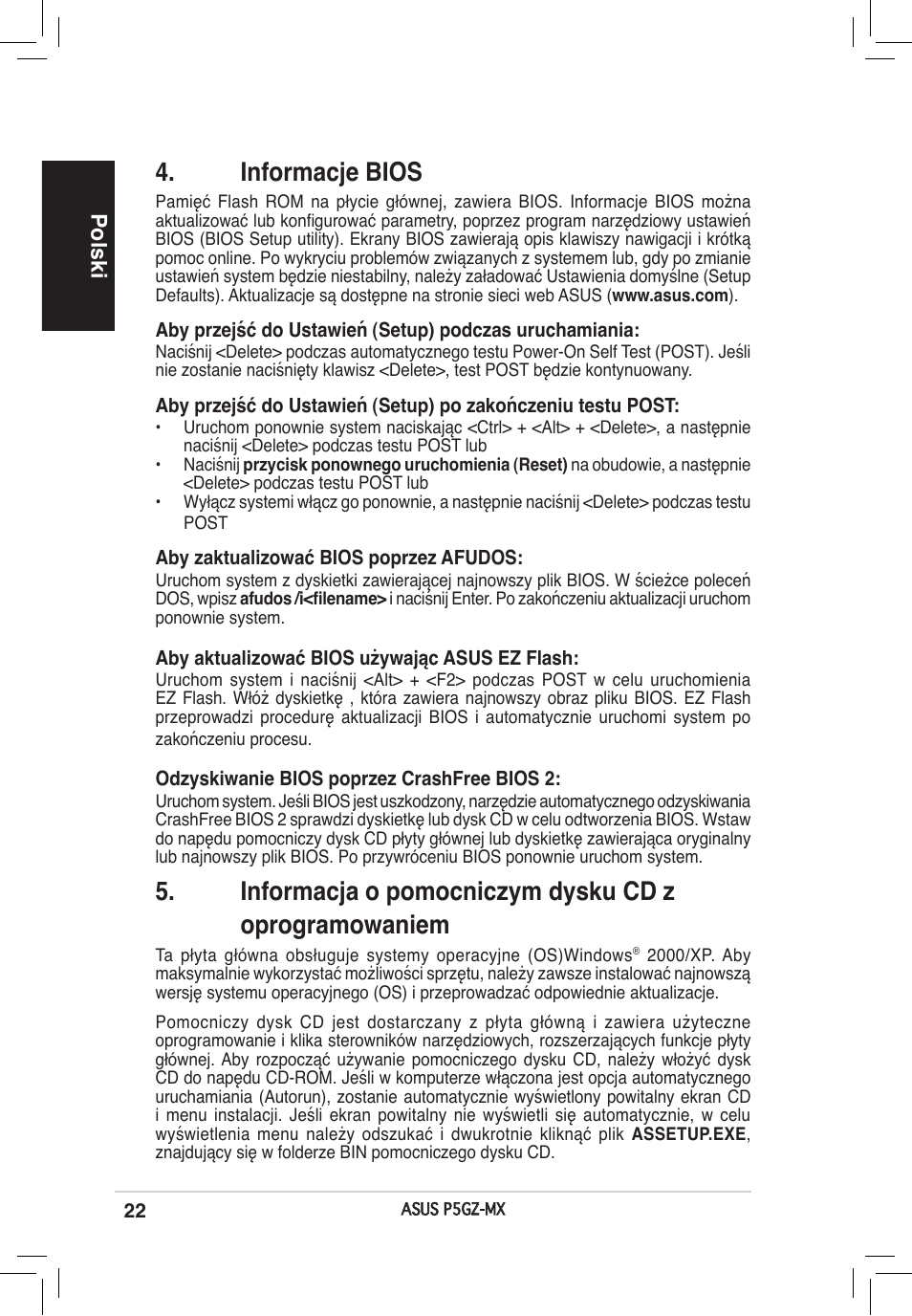 Informacje bios, Polski | Asus P5GZ-MX User Manual | Page 22 / 38