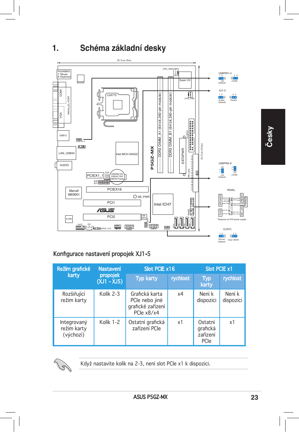 Schéma základní desky, Česky, Konfigurace nastavení propojek xj1-5 | Asus p5gz-mx | Asus P5GZ-MX User Manual | Page 23 / 38