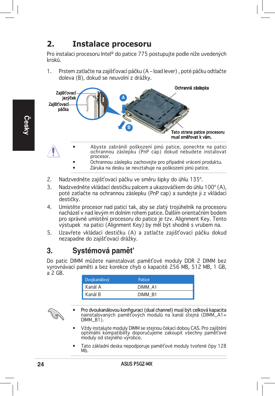 Systémová pamět, Instalace procesoru, Česky | Asus P5GZ-MX User Manual | Page 24 / 38