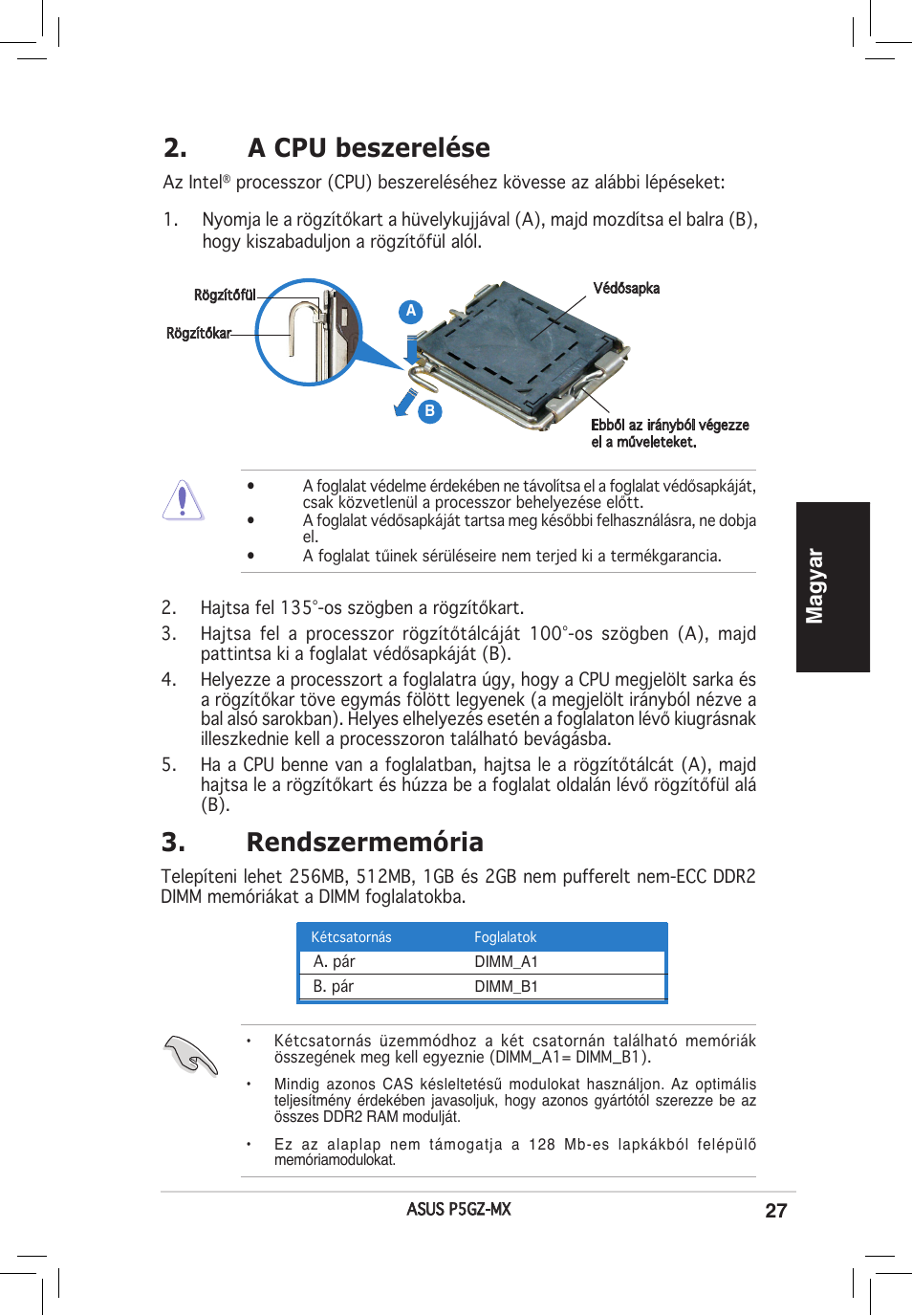 A cpu beszerelése, Rendszermemória, Magyar | Asus P5GZ-MX User Manual | Page 27 / 38