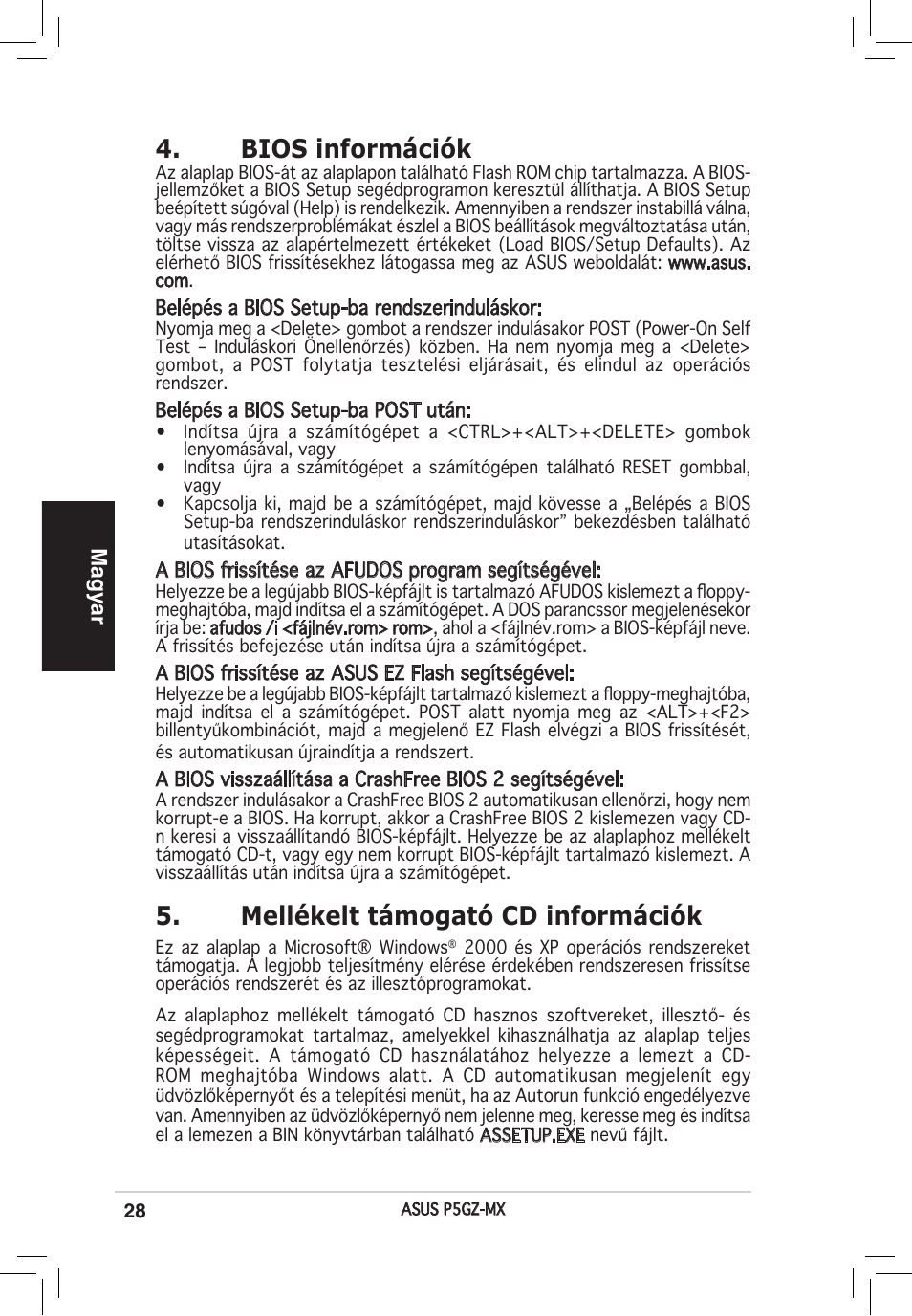 Bios információk, Mellékelt támogató cd információk, Magyar | Asus P5GZ-MX User Manual | Page 28 / 38