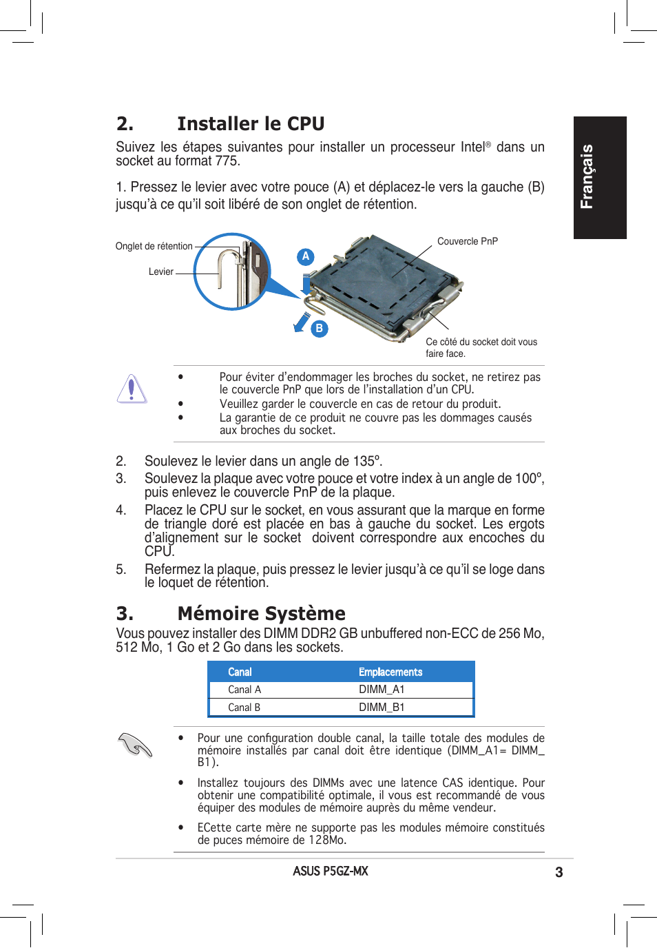 Installer le cpu, Mémoire système, Français | Asus P5GZ-MX User Manual | Page 3 / 38