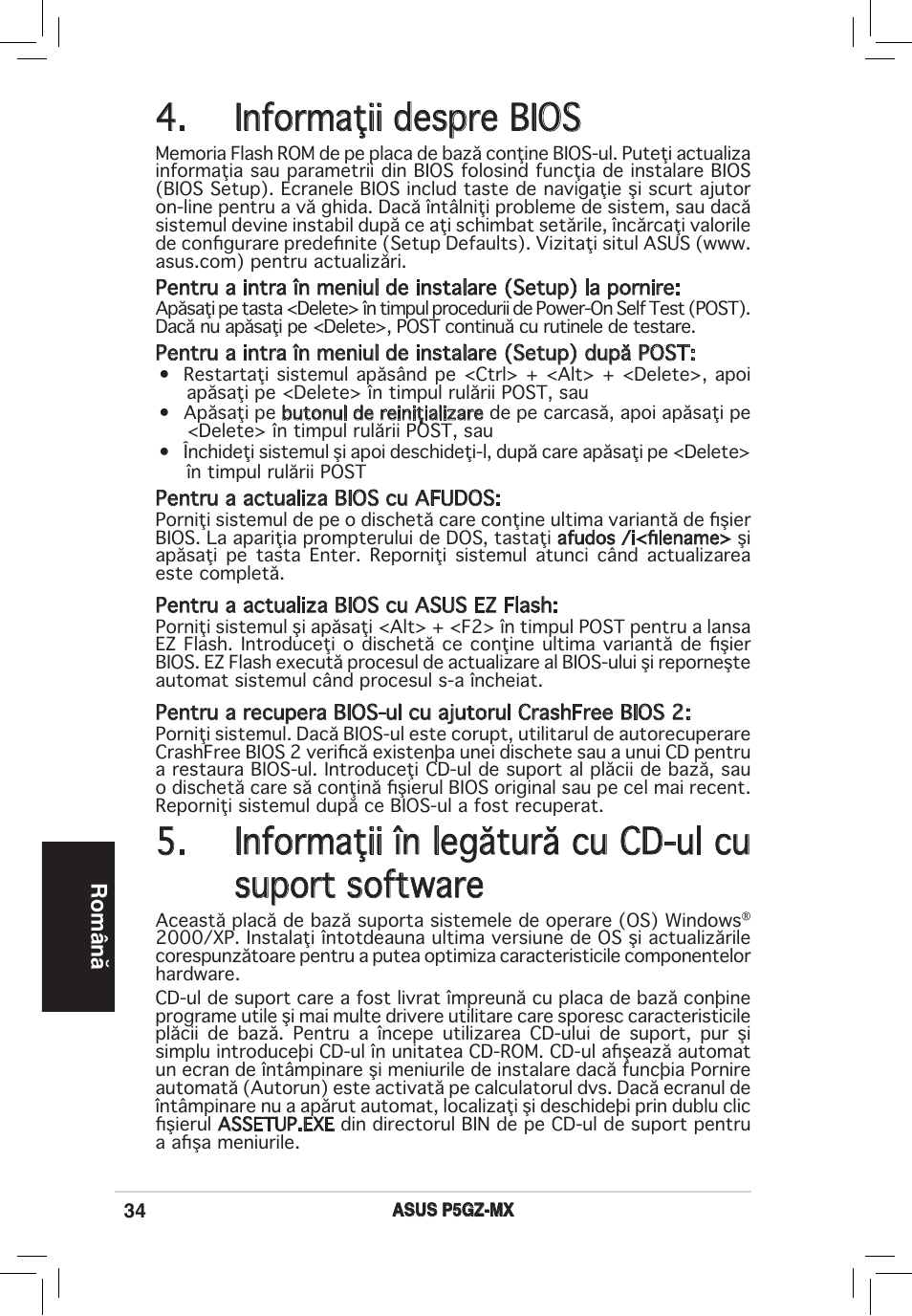 Informaţii despre bios, Informaţii în legătură cu cd-ul cu suport software, Română | Asus P5GZ-MX User Manual | Page 34 / 38