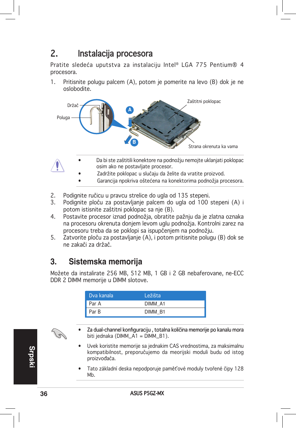 Instalacija procesora, Srpski | Asus P5GZ-MX User Manual | Page 36 / 38