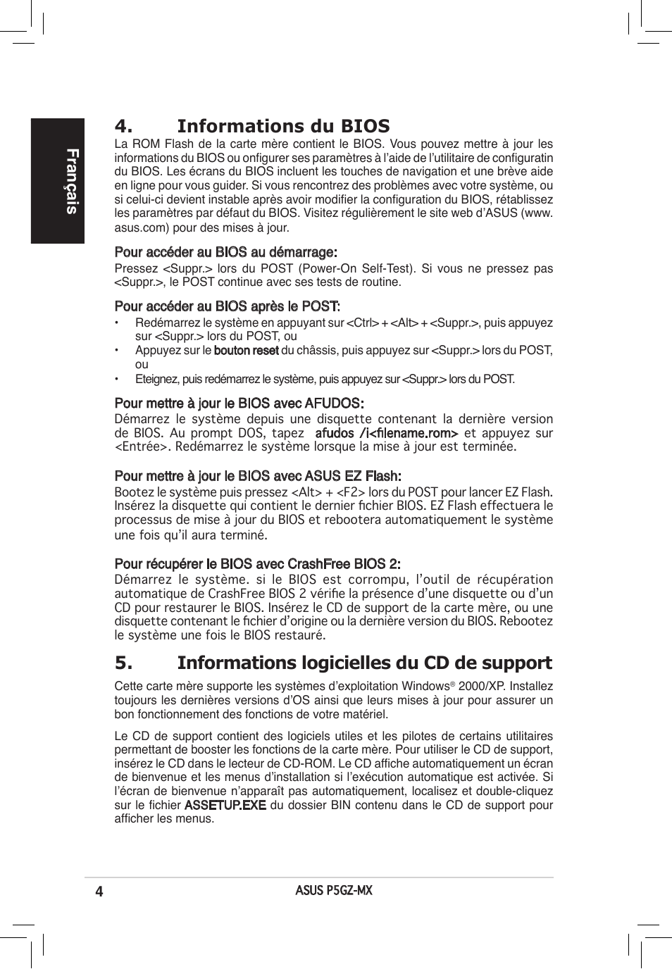 Informations du bios, Informations logicielles du cd de support, Français | Asus P5GZ-MX User Manual | Page 4 / 38