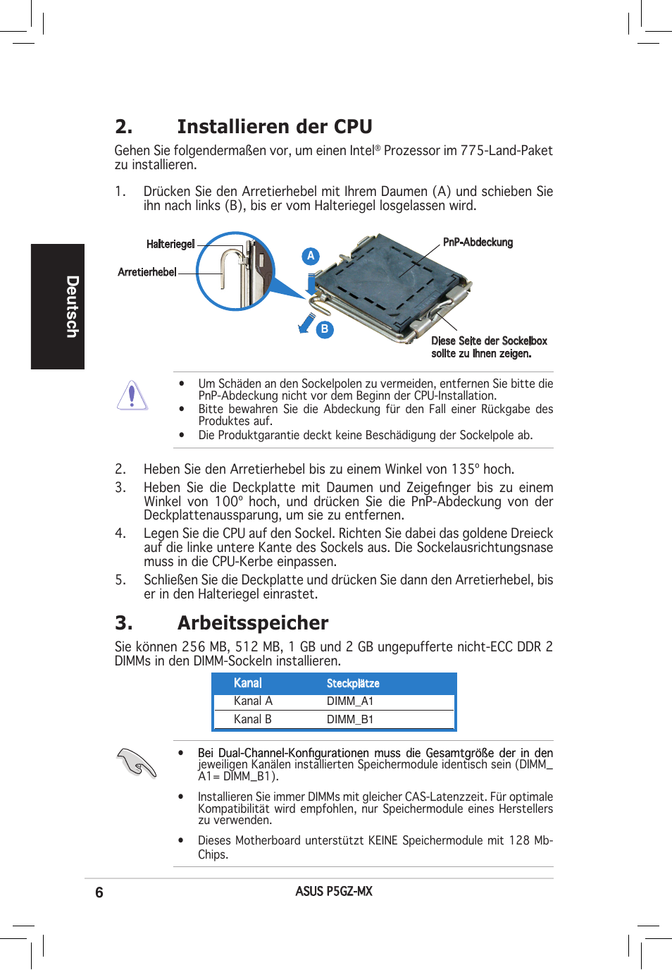 Arbeitsspeicher, Installieren der cpu, Deutsch | Asus P5GZ-MX User Manual | Page 6 / 38