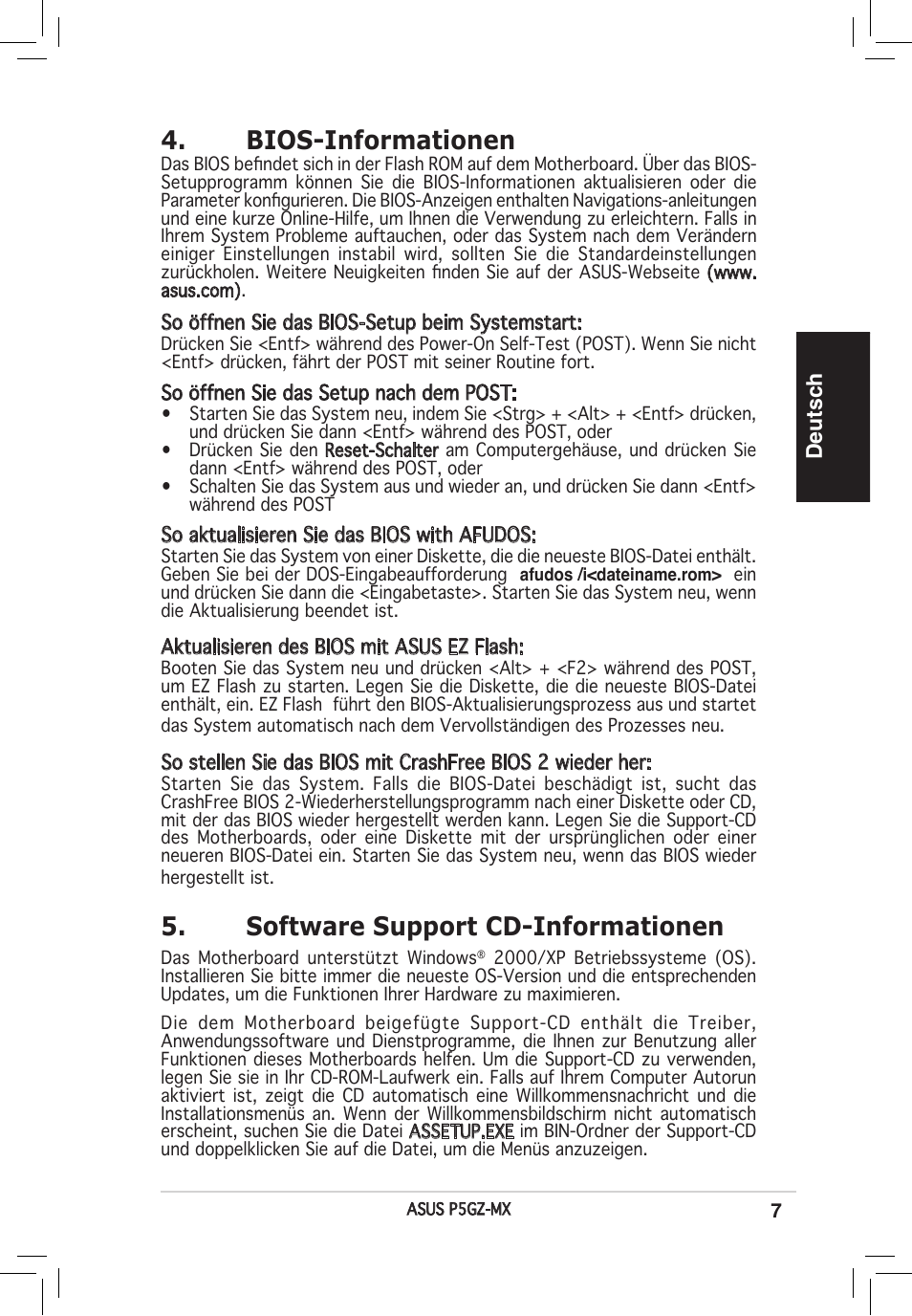 Bios-informationen, Software support cd-informationen, Deutsch | Asus P5GZ-MX User Manual | Page 7 / 38