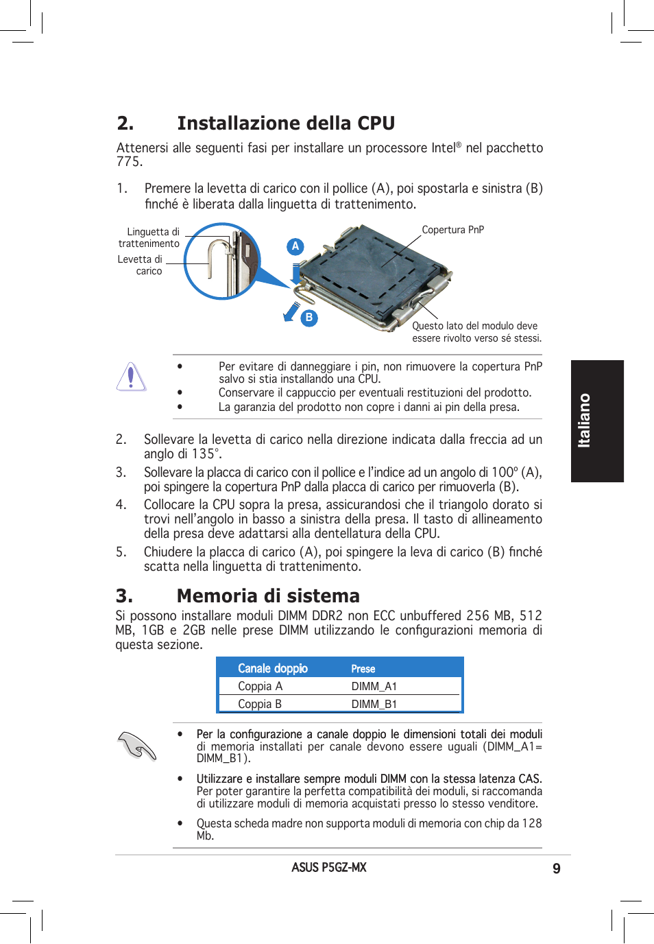 Installazione della cpu, Italiano | Asus P5GZ-MX User Manual | Page 9 / 38