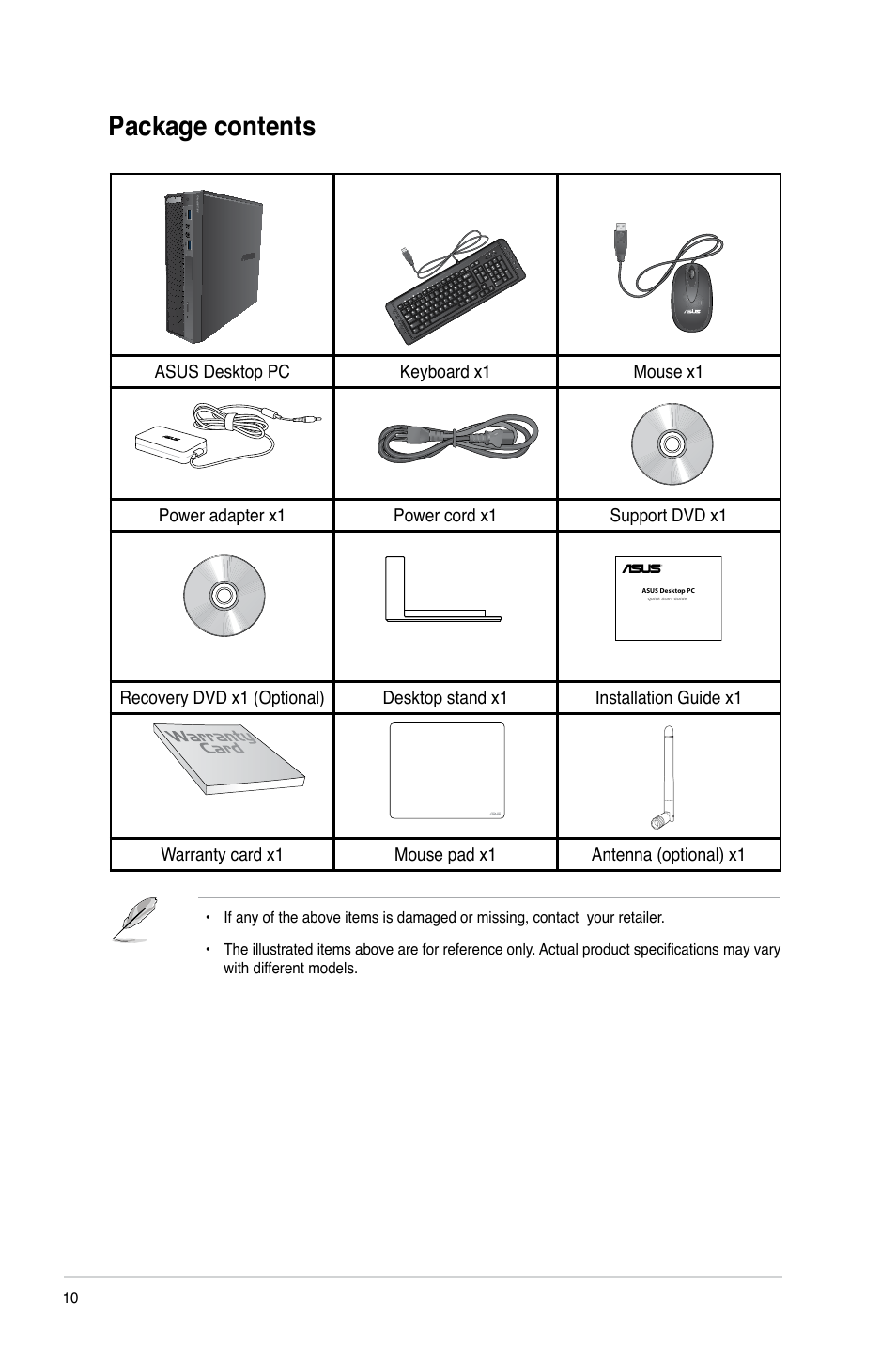 Package contents | Asus BT1AG User Manual | Page 10 / 77